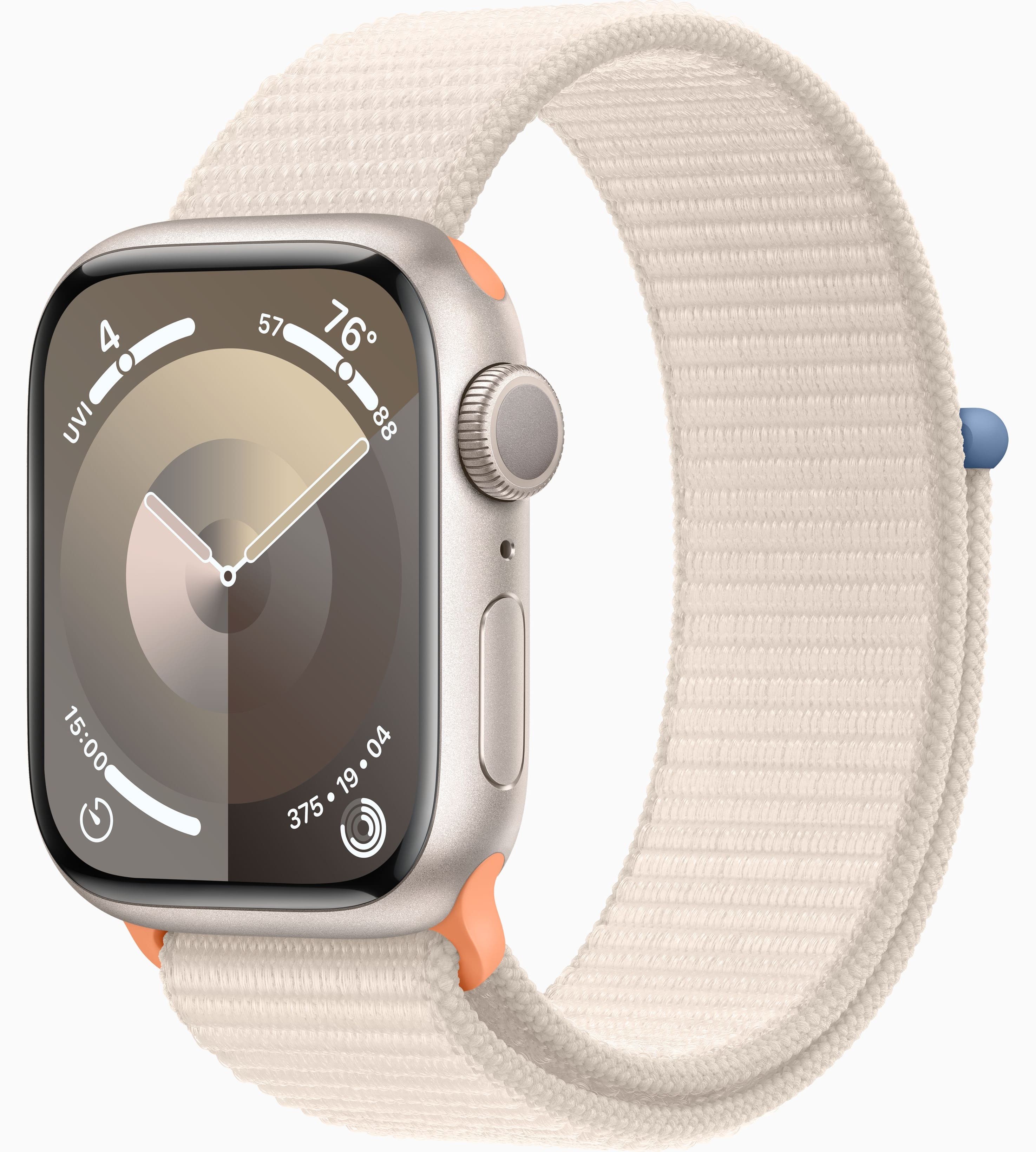 Apple Watch Series 9, 41 мм, корпус из алюминия цвета «сияющая звезда», тканевый ремешок цвета «сияющая звезда»