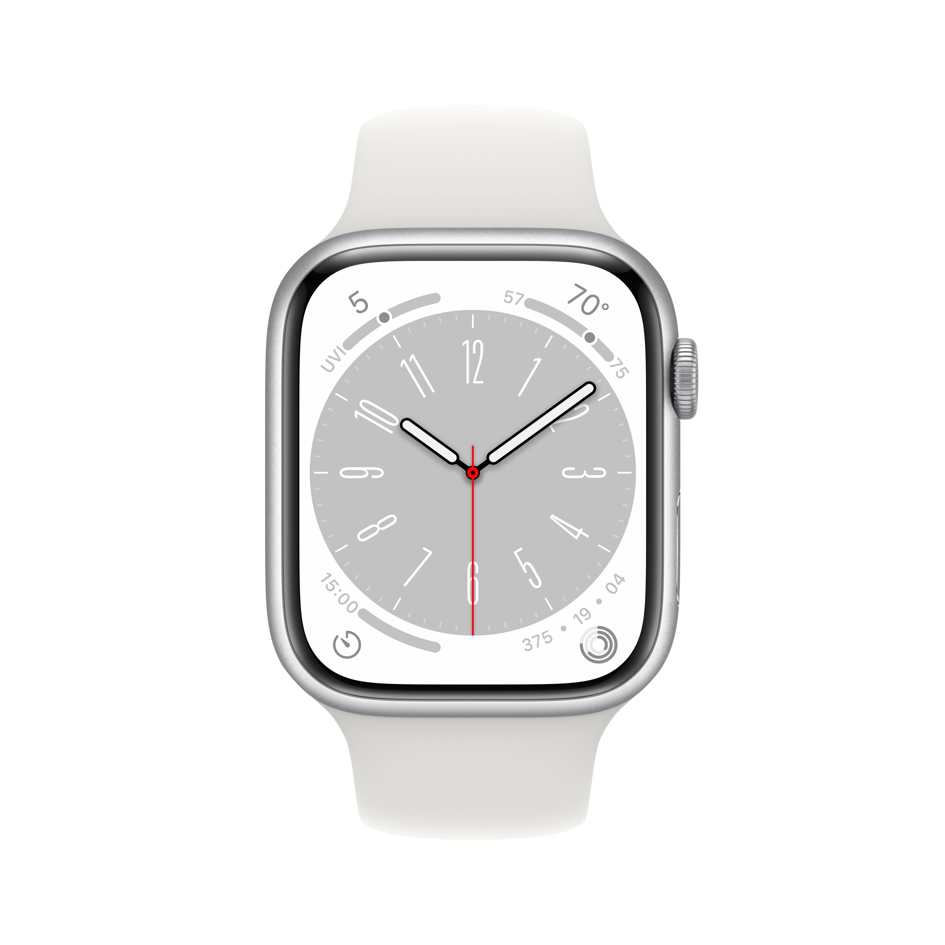 Apple Watch Series 8 41 мм, корпус из алюминия серебристого цвета, спортивный ремешок белого цвета, MP6K3K