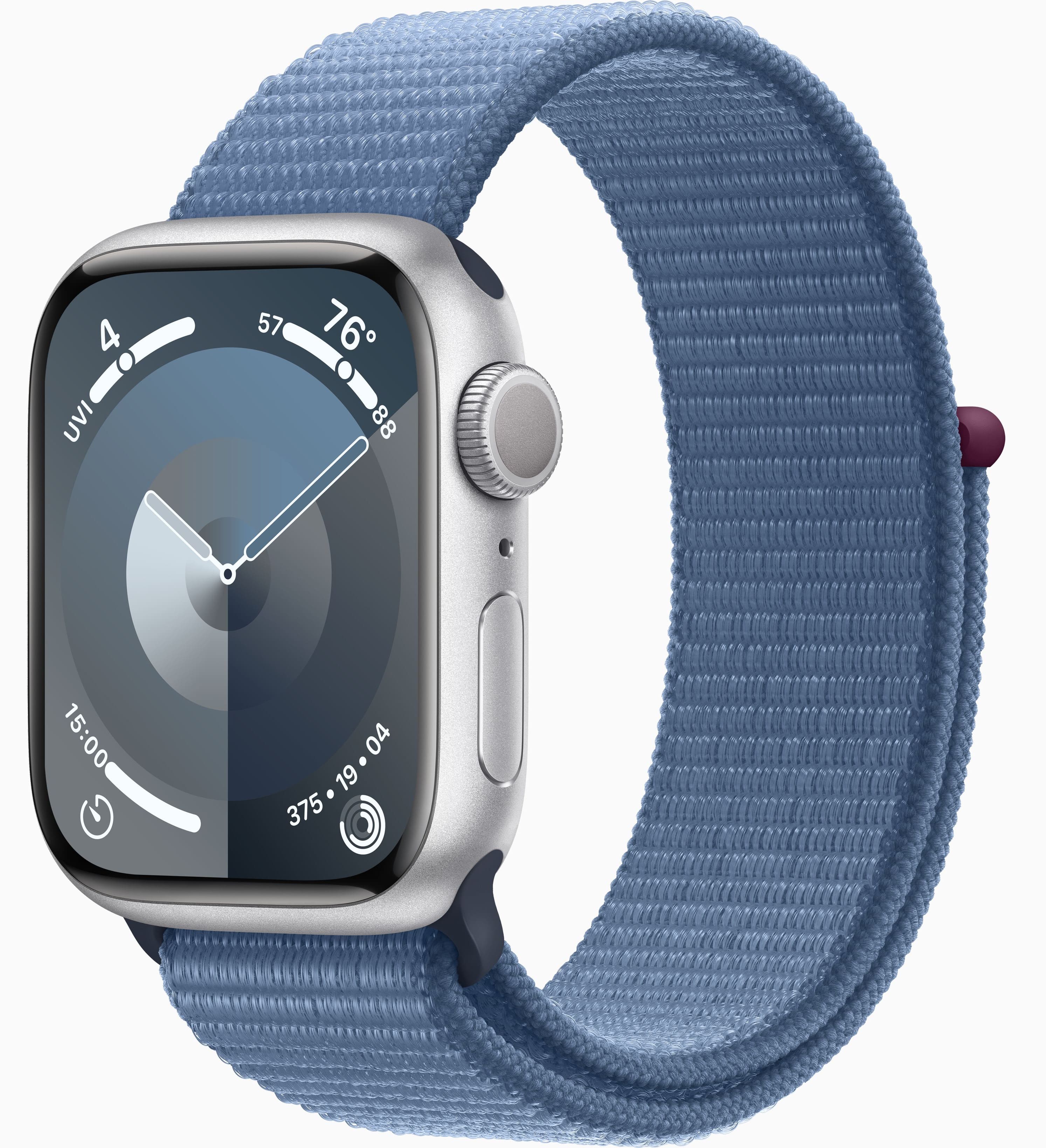 Apple Watch Series 9, 45 мм, корпус из алюминия серебристого цвета, тканевый ремешок цвета «грозовой синий»