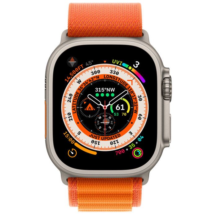 Apple Watch Ultra 49мм, корпус из титана, ремешок Alpine оранжевого цвета, MNHH3K