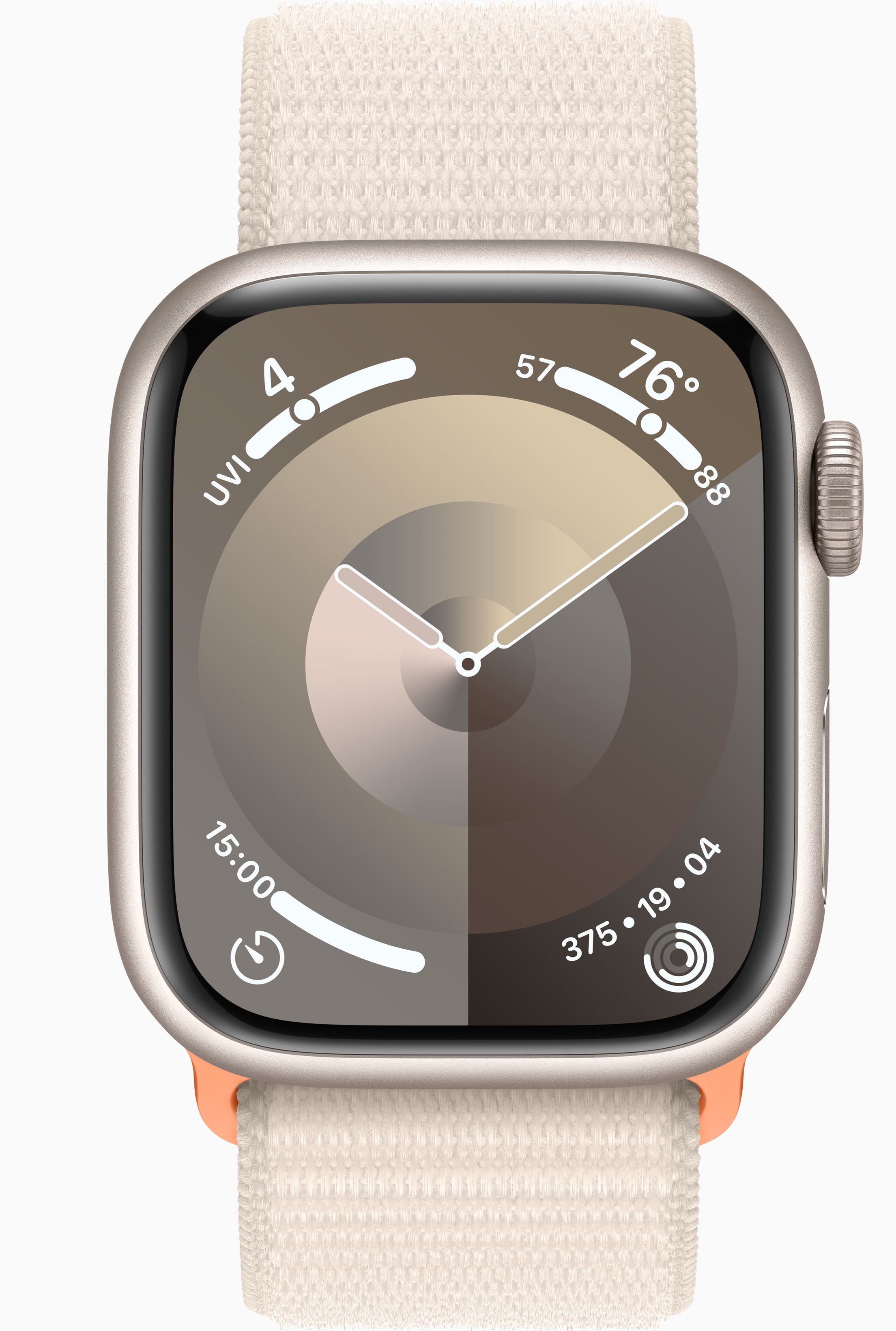 Apple Watch Series 9, 45 мм, корпус из алюминия цвета «сияющая звезда», тканевый ремешок цвета «сияющая звезда»