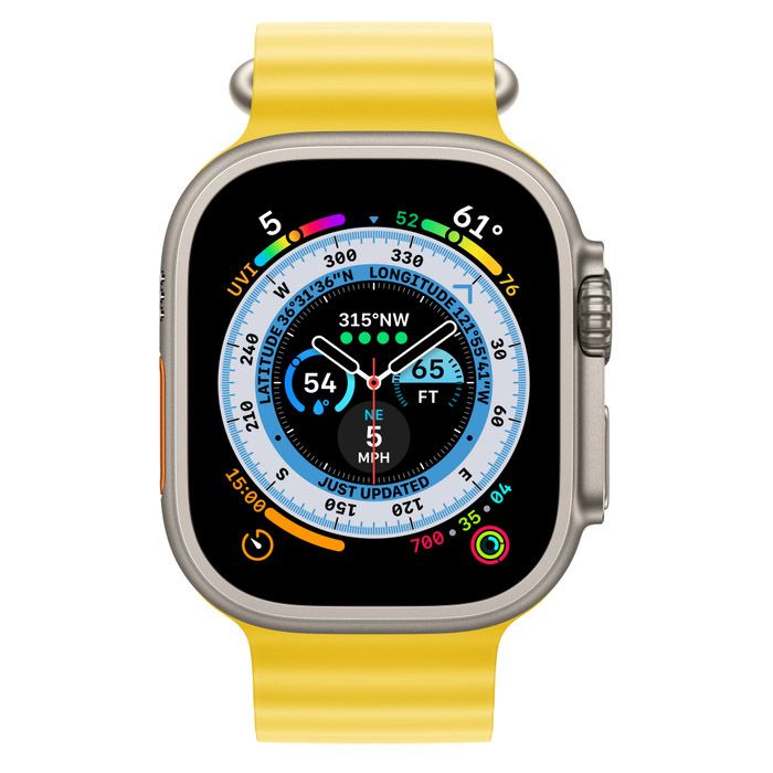 Apple Watch Ultra 49 мм, корпус из титана, ремешок Ocean желтого цвета, MNHG3K