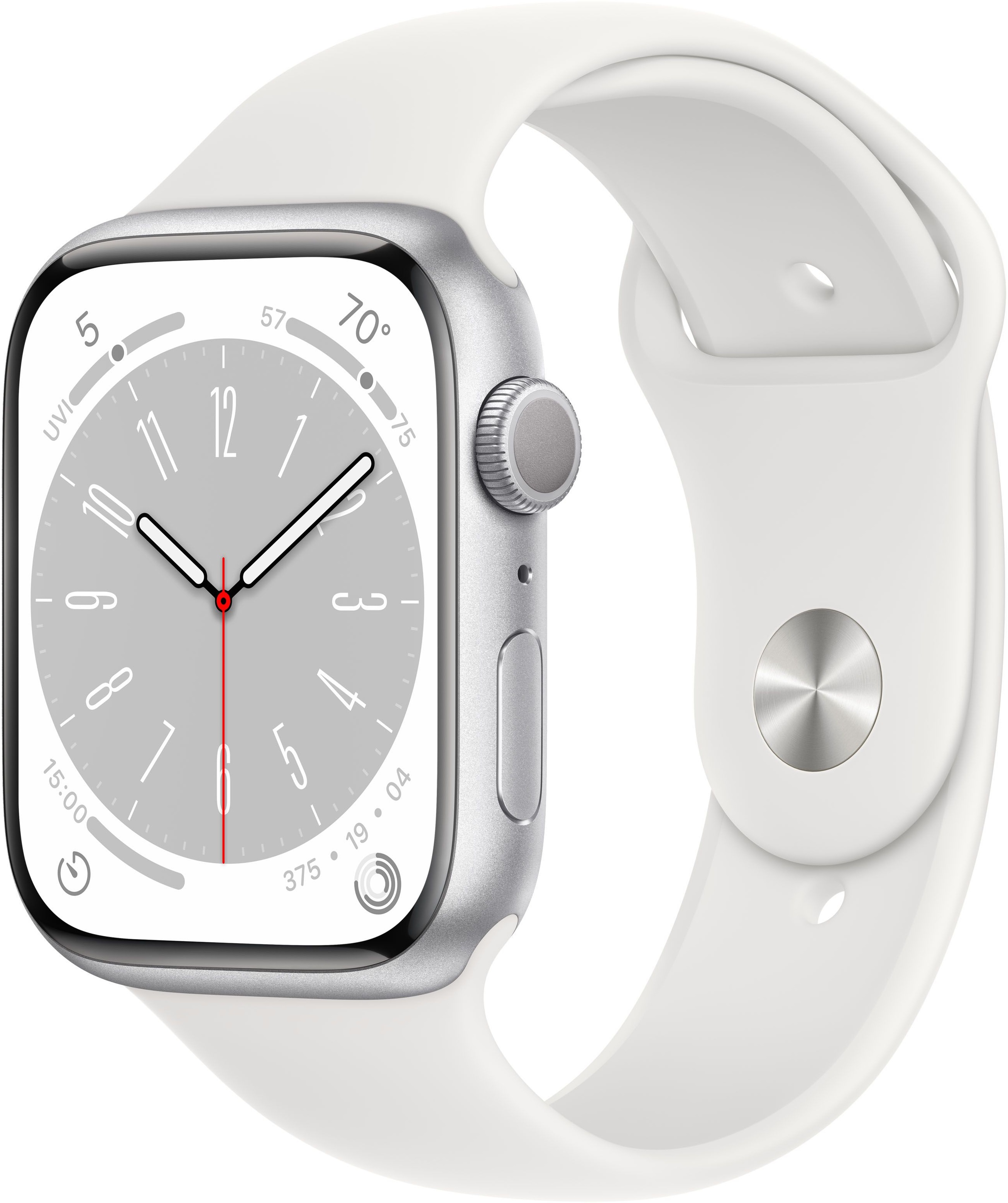Apple Watch Series 8 45мм, корпус из алюминия серебристого цвета, спортивный ремешок белого цвета, MP4J3K