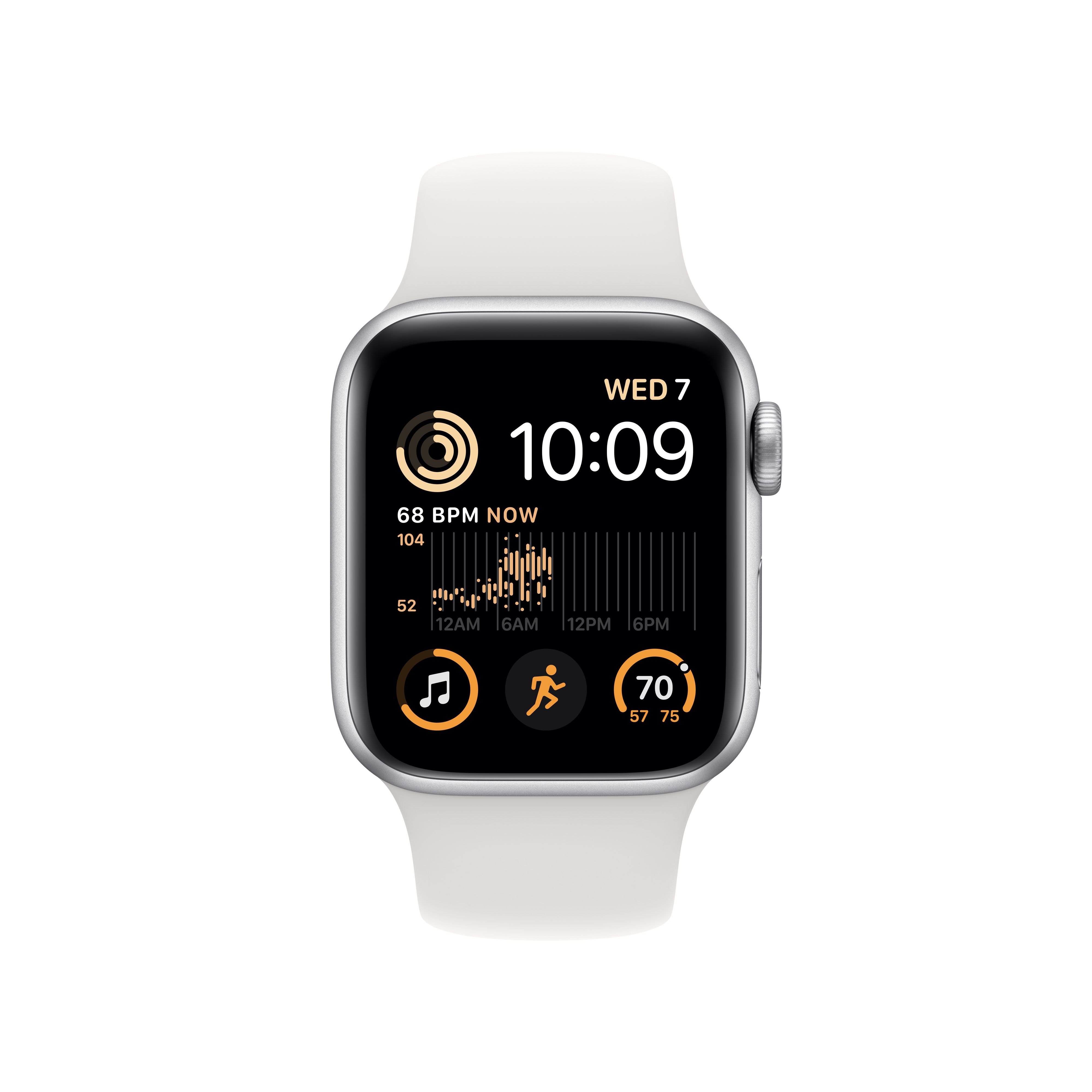 Apple Watch SE 2 44мм, корпус из алюминия серебристого цвета, спортивный ремешок белого цвета, MNQ23K