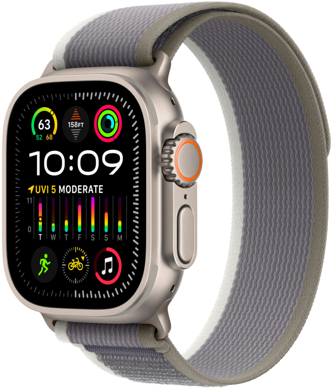 Apple Watch Ultra 2, 49 мм, корпус из титана, ремешок Trail зеленого/серого цвета