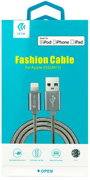 Серый кабель Devia USB-A/Lightning MFI