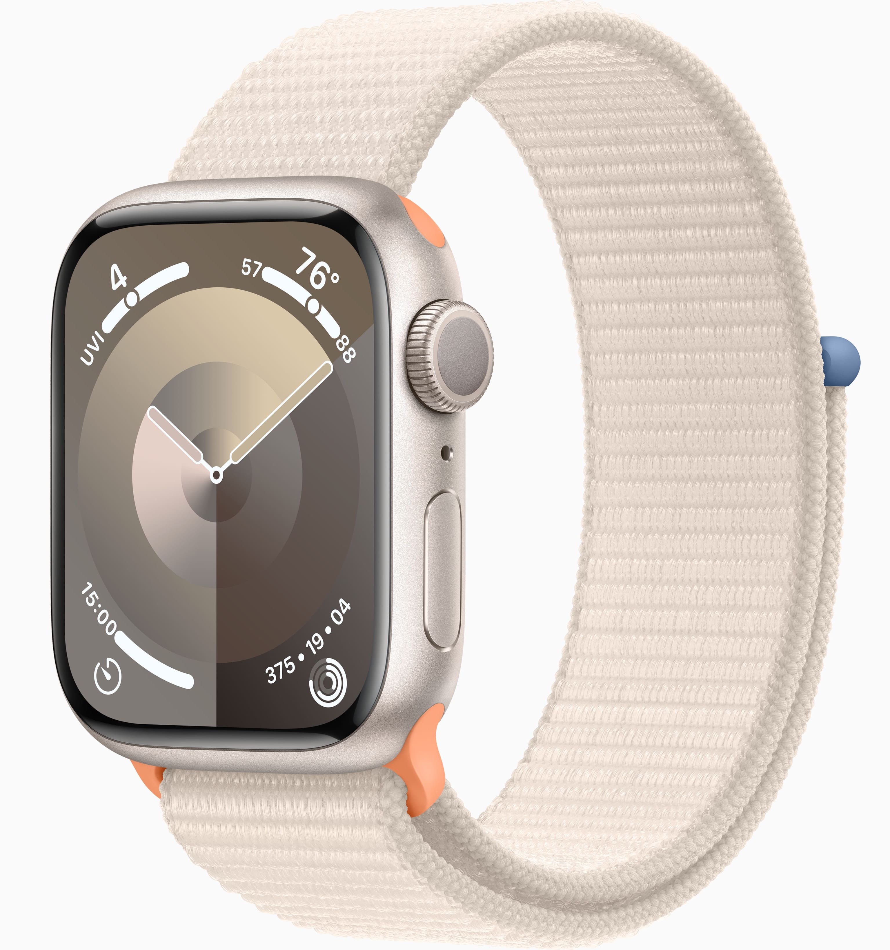 Apple Watch Series 9, 45 мм, корпус из алюминия цвета «сияющая звезда», тканевый ремешок цвета «сияющая звезда»