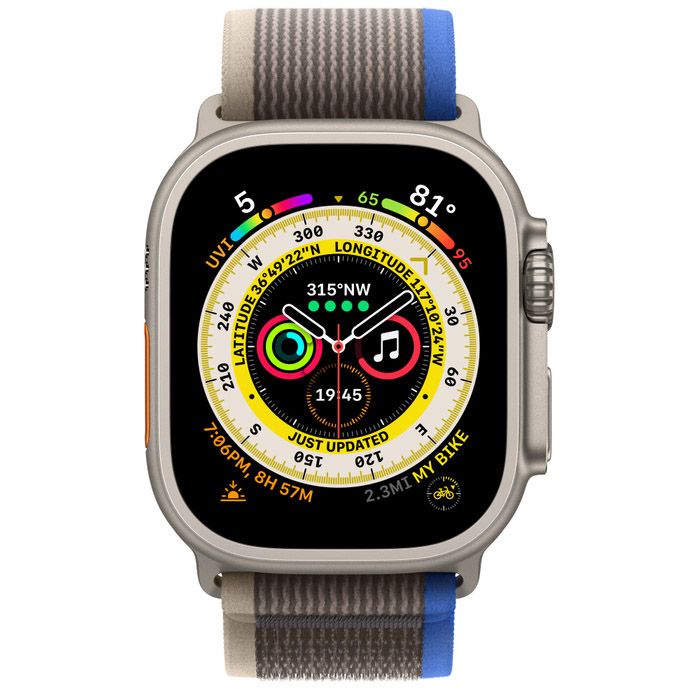 Apple Watch Ultra 49 мм, корпус из титана, ремешок Trail синего/серого цвета, MNHL3K