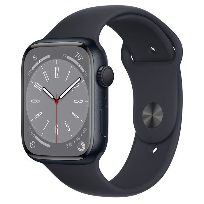 Apple Watch Series 8 45мм, корпус из алюминия цвета «тёмная ночь», спортивный ремешок цвета «тёмная ночь», MNP13K