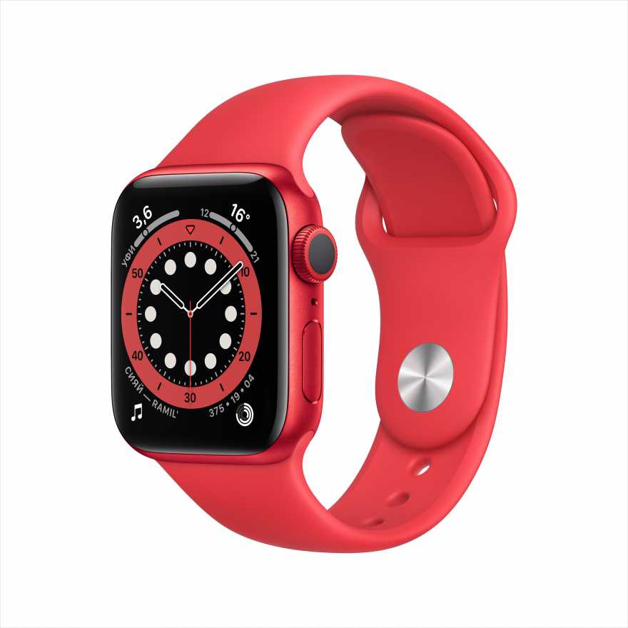 Apple Watch Series 6, 44 мм (M00M3RU/A) корпус из алюминия цвета (PRODUCT)RED, спортивный ремешок красного цвета