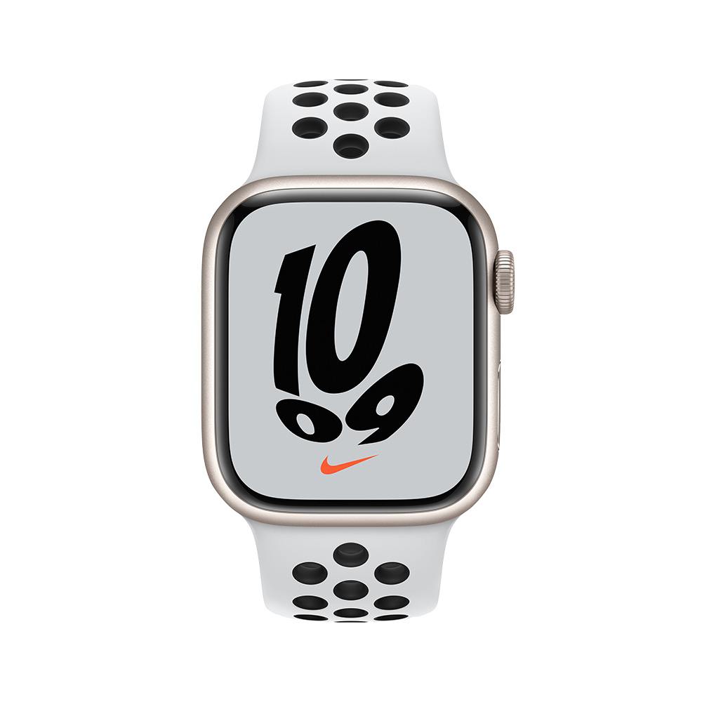 Apple Watch Nike Series 7 GPS, 41 мм (MKN33RU/A) Cияющая звезда, спортивный ремешок Nike цвета «чистая платина/чёрный»