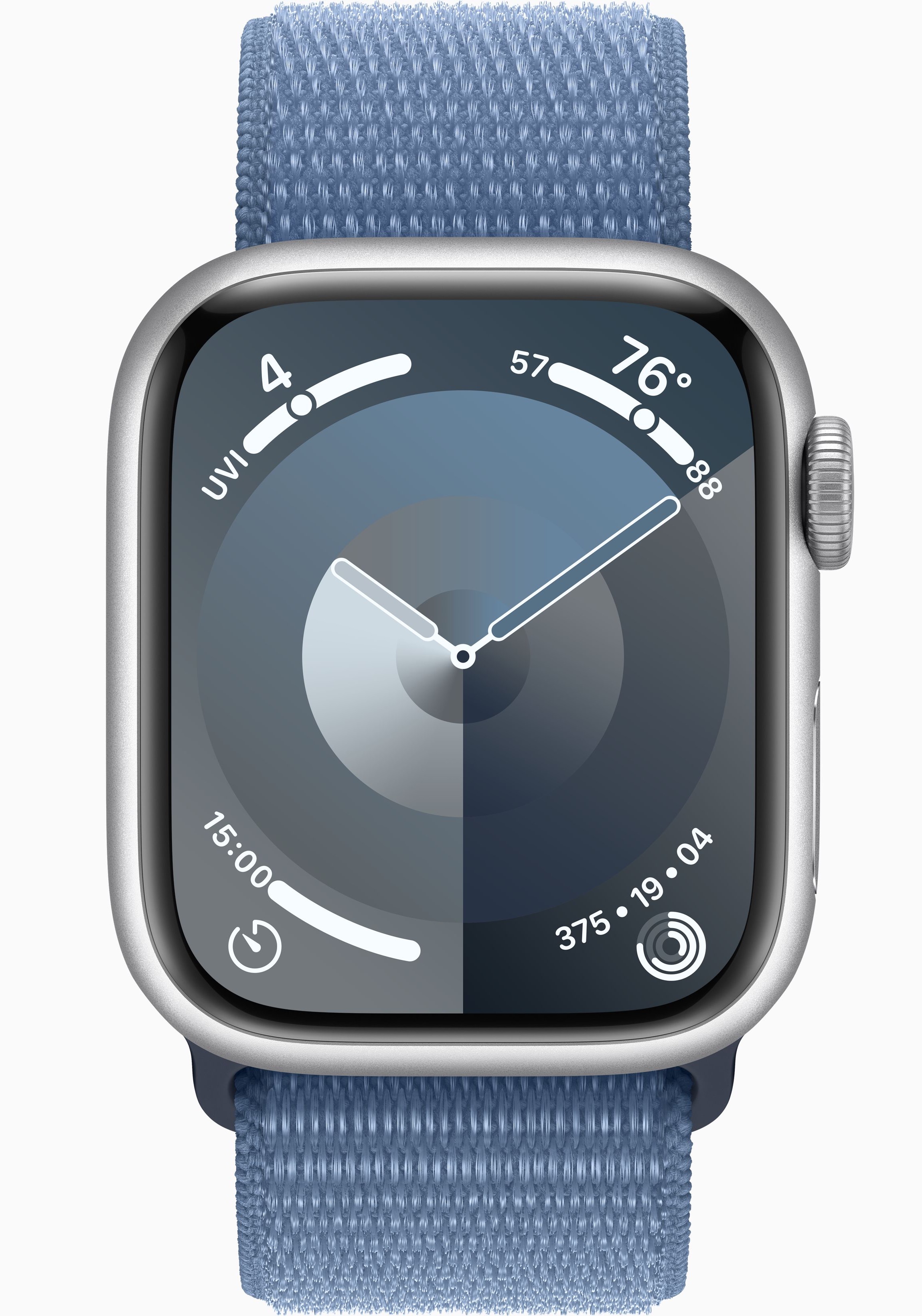 Apple Watch Series 9, 45 мм, корпус из алюминия серебристого цвета, тканевый ремешок цвета «грозовой синий»