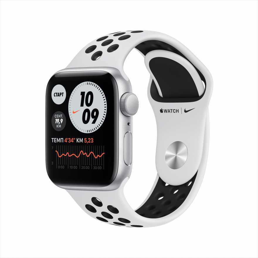 Apple Watch Nike SE, 40 мм (MKQ23RU/A) алюминия серебристого цвета, спортивный ремешок Nike цвета «чистая платина/чёрный»