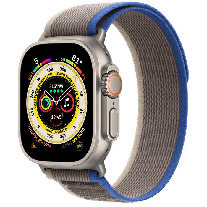 Apple Watch Ultra 49 мм, корпус из титана, ремешок Trail синего/серого цвета, MNHL3K