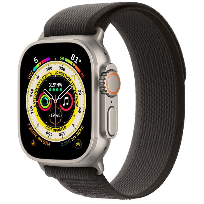 Apple Watch Ultra 49 мм, корпус из титана, ремешок Trail черного/серого цвета, MQFW3K