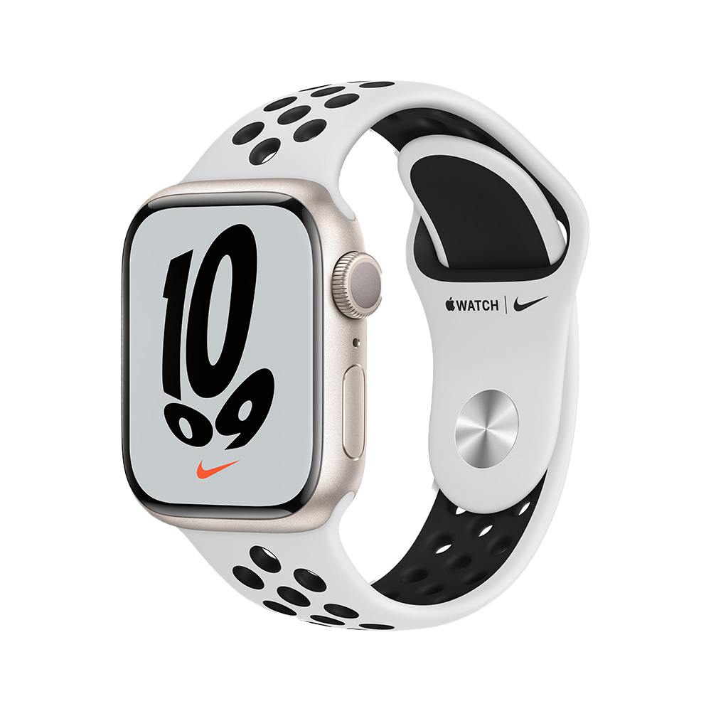 Apple Watch Nike Series 7 GPS, 41 мм (MKN33RU/A) Cияющая звезда, спортивный ремешок Nike цвета «чистая платина/чёрный»